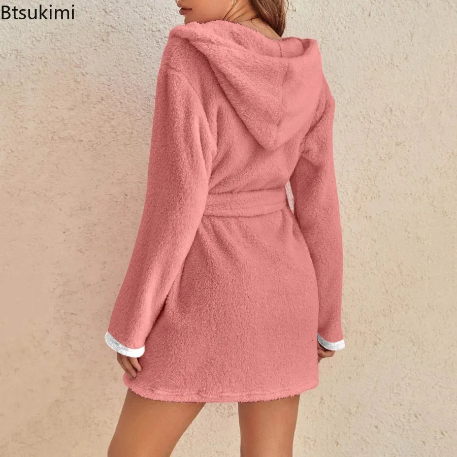 Women's Winter Casual Plush Robe Solid Color Matching Double Pocket Strappy Nightgown Fuzzy Bathrobe Coats Home Clothed Ladies
