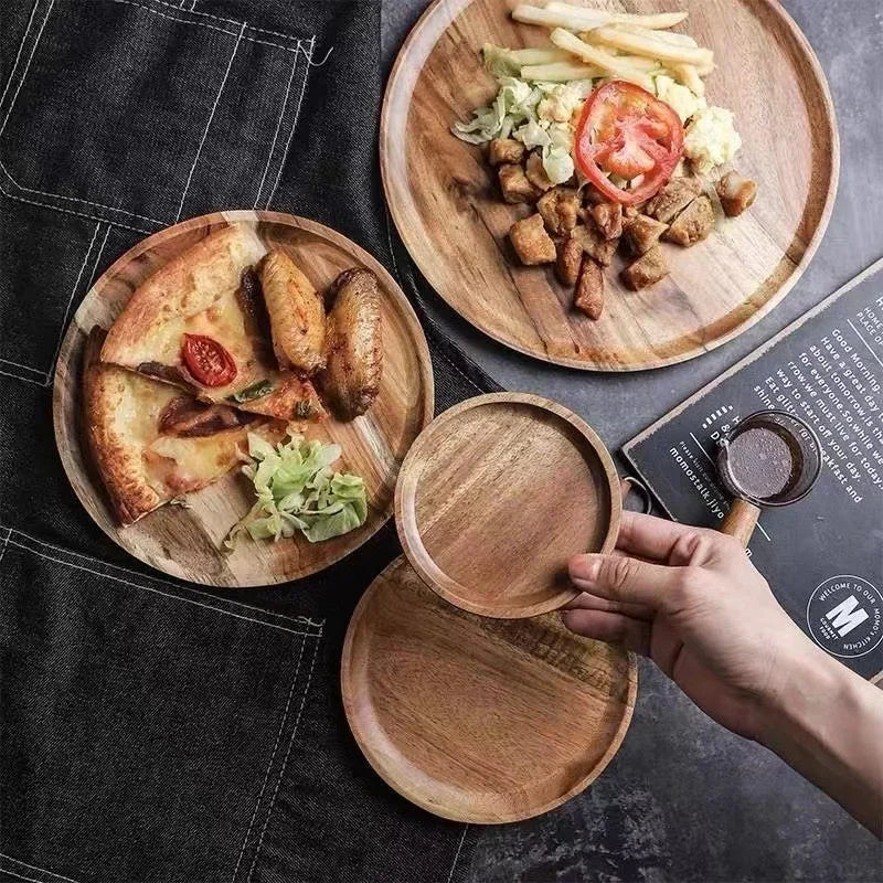 Wooden Round Storage tray 15/20/25cm Retro Serving Platter Pizza Salad Plate Fruit Dessert Tray Bread Cake Snacks Dish Tea tray