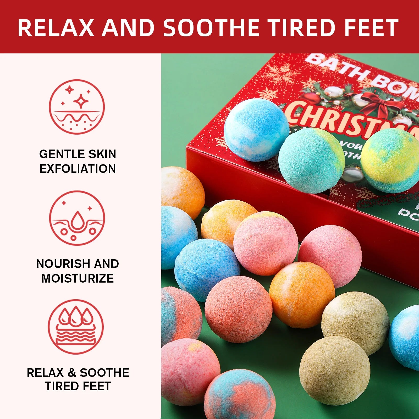 12 Pcs Christmas Bath Bomb Set Sea Salt Bath Softening Keratin Remove Dead Skin for Foot Spa Relaxing Gift Box for Women Men