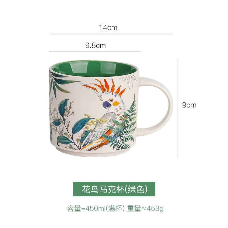 Floral Glaze Ceramic Mug 450ml Flower Bird Coffee Tea Cup Household Large Capacity Breakfast Mugs Business Gift Mugs Coffee Cups