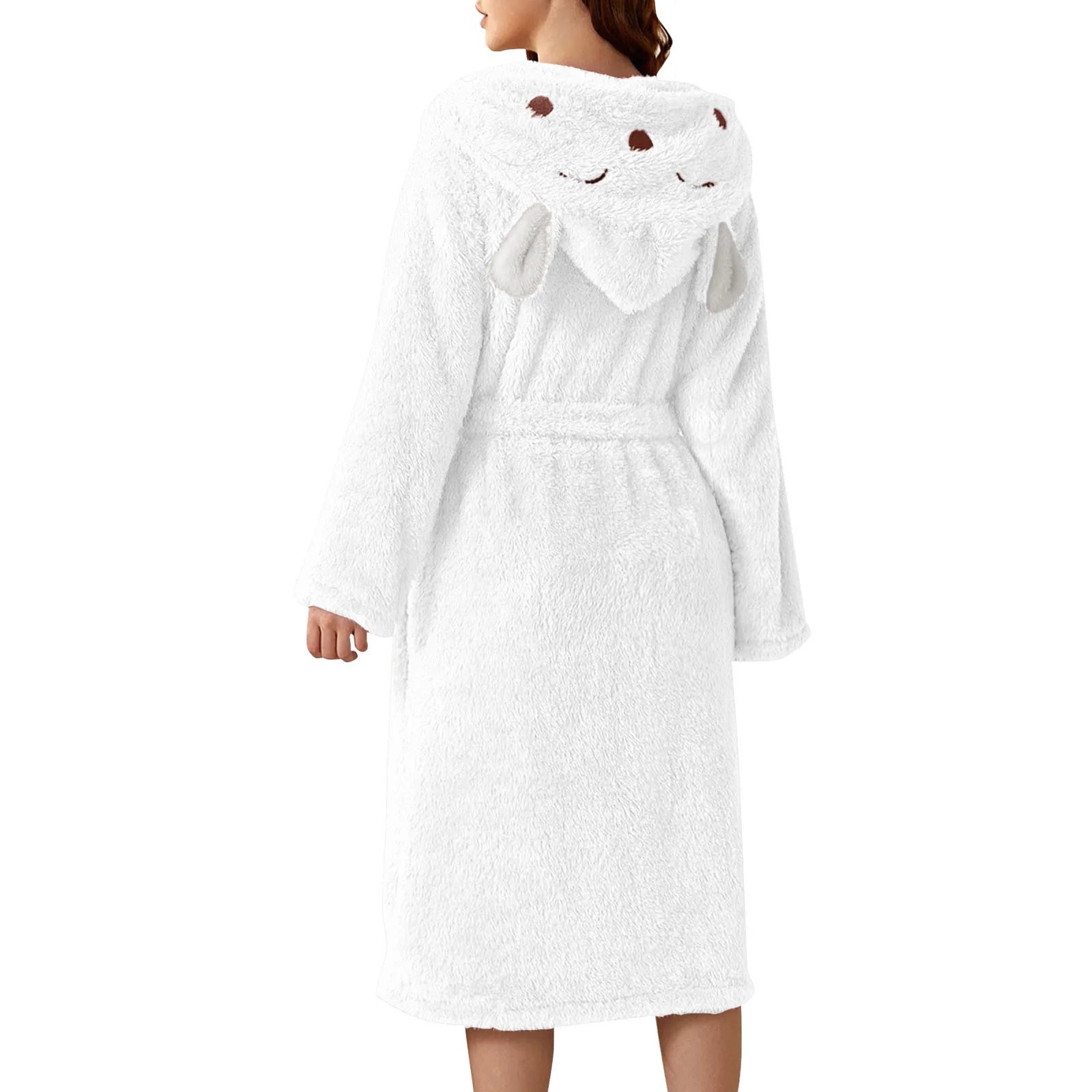 Women Winter Plush Night Robe Minimalist Solid Color With Rabbit Shaped Hooded Bring You Cozy Comfortable Thermal Experience