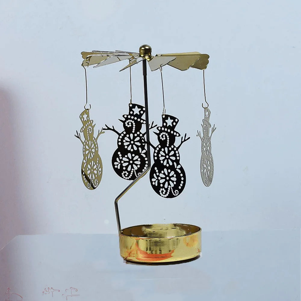 Rotating Candle Holder Metal Gold Christmas Present No Battery Heat Powered Spinning Carousel for Home Desk Counter Sweet Decor