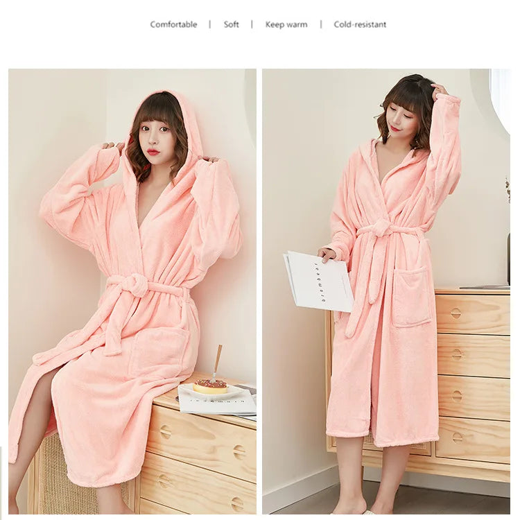 Coral Velvet Bathrobes for Women Long with Hood Autumn Winter Solid Plush Microfiber Bath Robe Sleepwear Home Bathroom Clothes