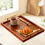 Wooden Serving Tray Set of 3 with Metal Handles - Multi-functional Breakfast, Party & Storage Platters (Brown)
