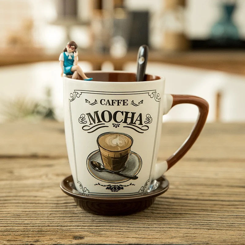 European Light Luxury Ceramic Coffee Cups High Value Vintage Large Capacity Latte Mug With Lid Spoon Home Water Cups Drinkware