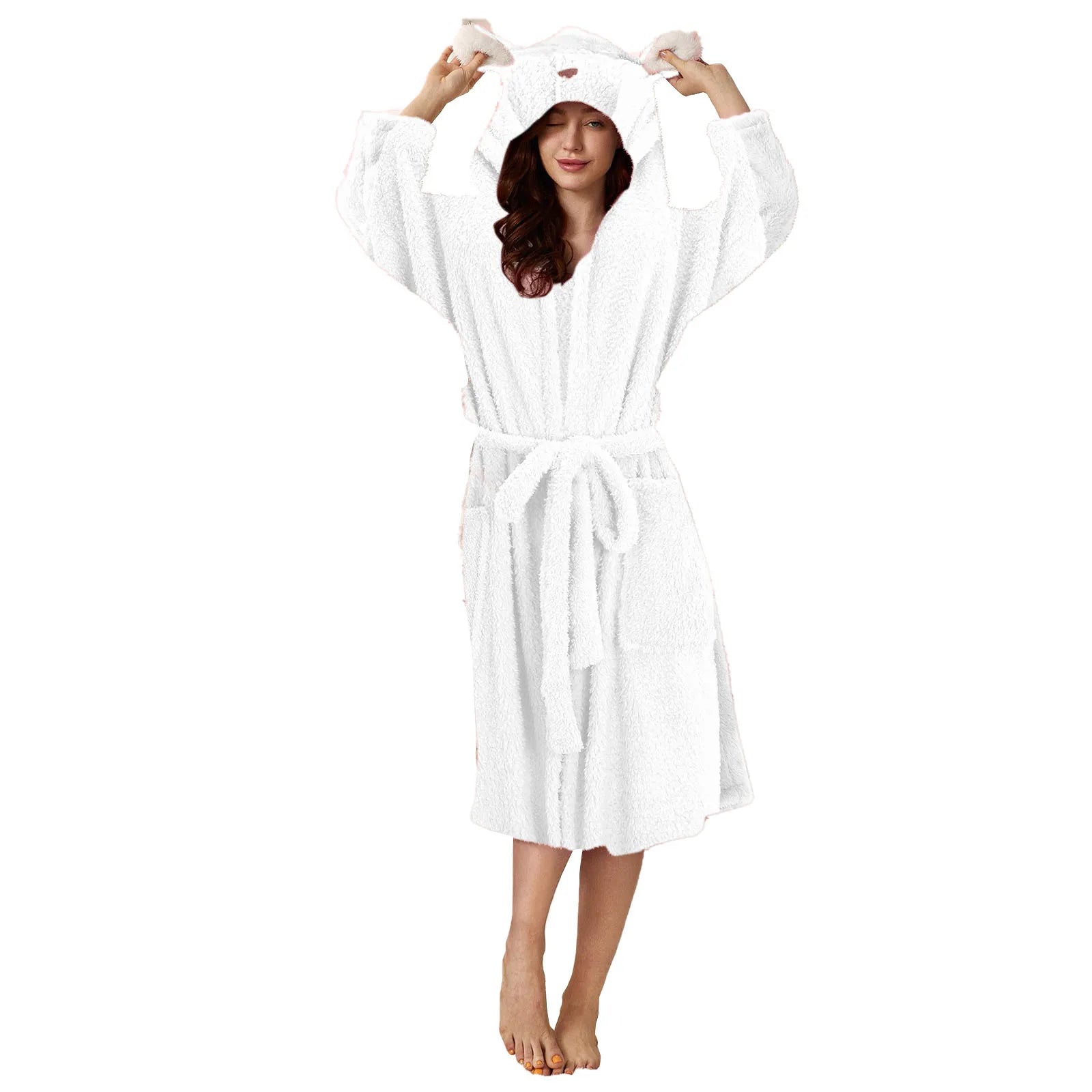 Women Winter Plush Night Robe Minimalist Solid Color With Rabbit Shaped Hooded Bring You Cozy Comfortable Thermal Experience