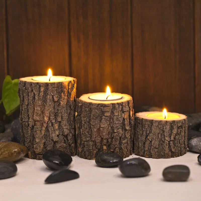 Set of 3 Vintage Wooden Candle Holders, Tree Stump-shaped Scented Candle Base, Home/Wedding/Holiday Decor