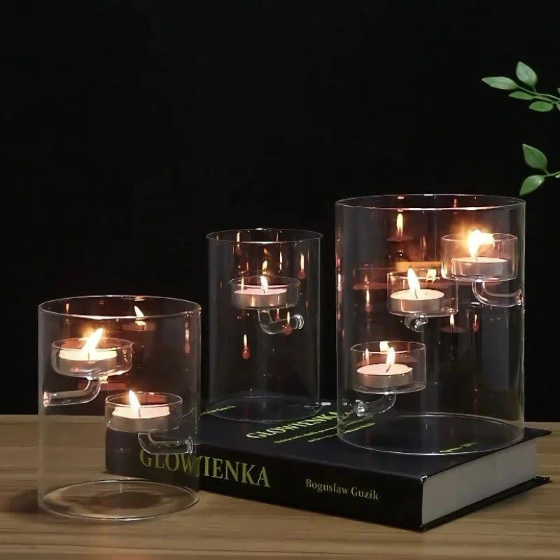Glass Candle Holder Cylinder Hurricane Candleholder Artistic Tealight Containers for Wedding Party Desktop Room Home Decorations
