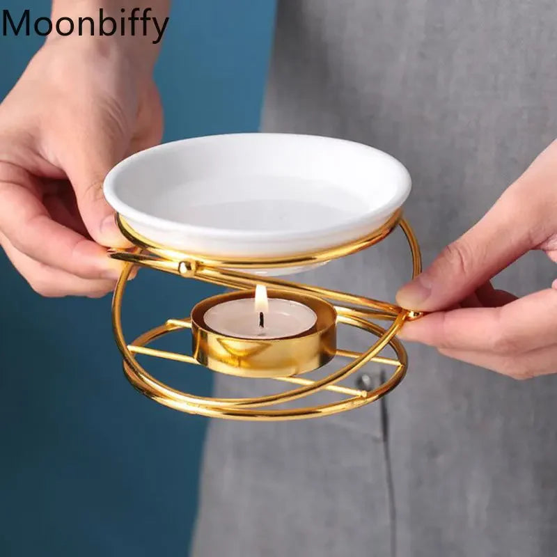 Creative Aroma Burner Oil Lamp Gold Black Color Essential Oil Incense Burner Ceramic Bowl Iron Rack Candle Holder Home Decor