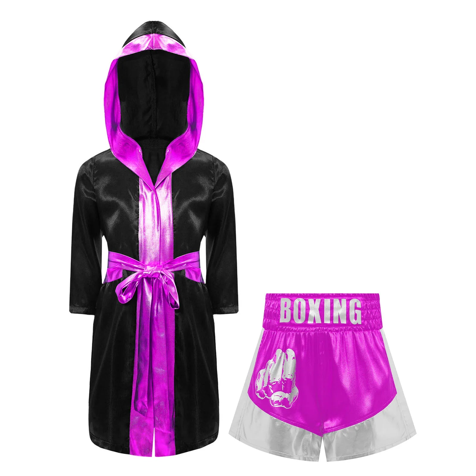 Kids Boxing Robe Outfits Cosplay Costume Metallic Trim Satin Belted Robe Kickboxing Hooded Cloak with Shorts for Halloween Party