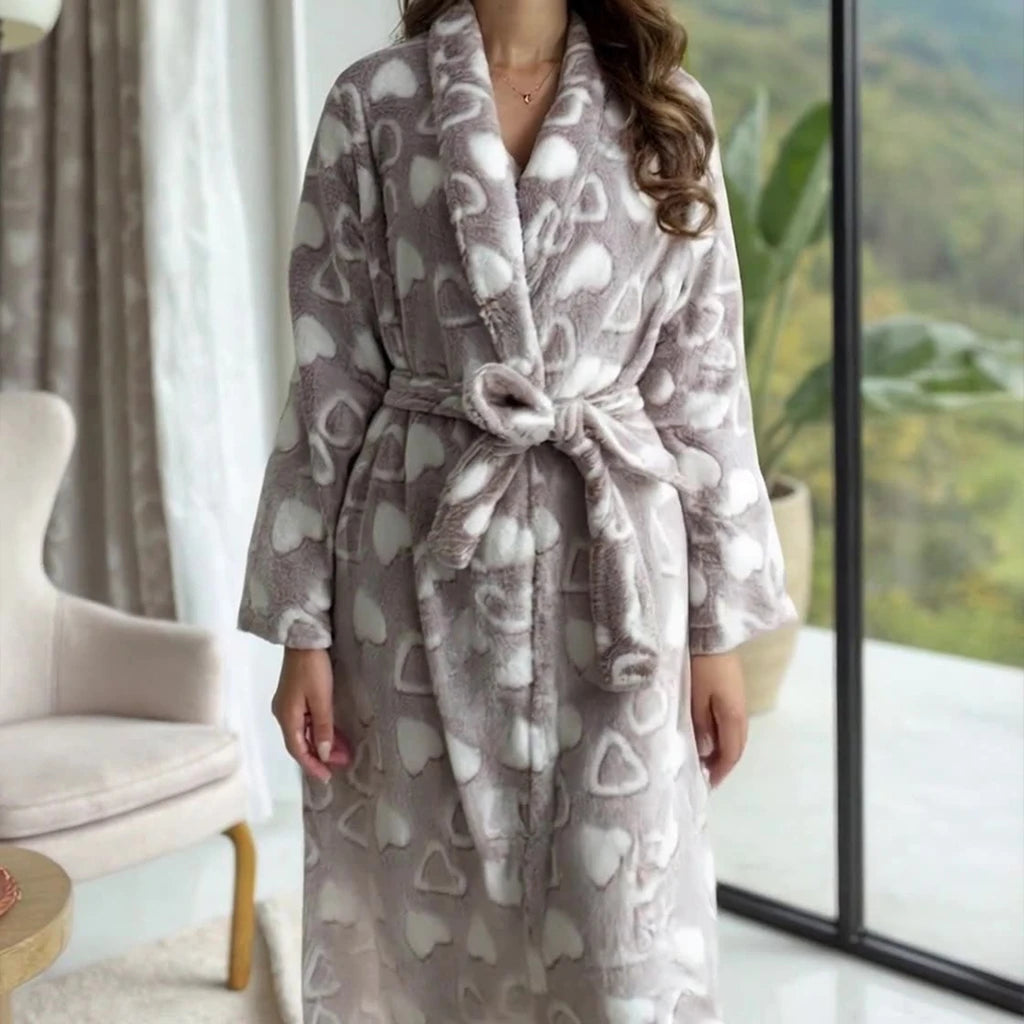 Women's Thick Flannel Bathrobe Heart Print Long Sleeve Fuzzy Plush Shawl Collar Bath Robe with Belt