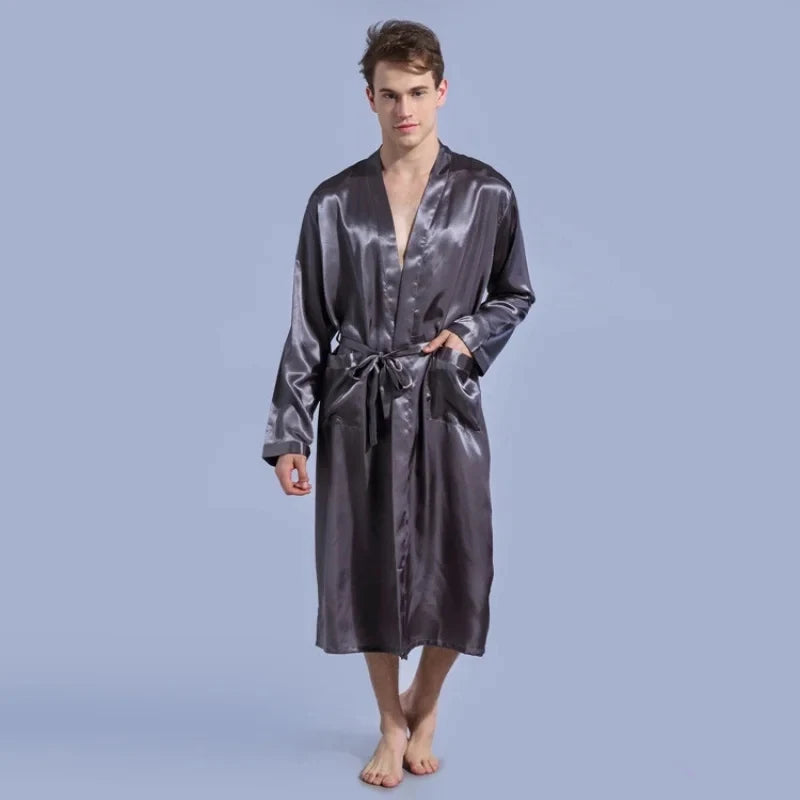 Men's V Neck Satin Robe Kimono Long Bathrobe Pajamas Sleepwear Christmas Robes for Wedding Party Men Loungewear Dressing Gown