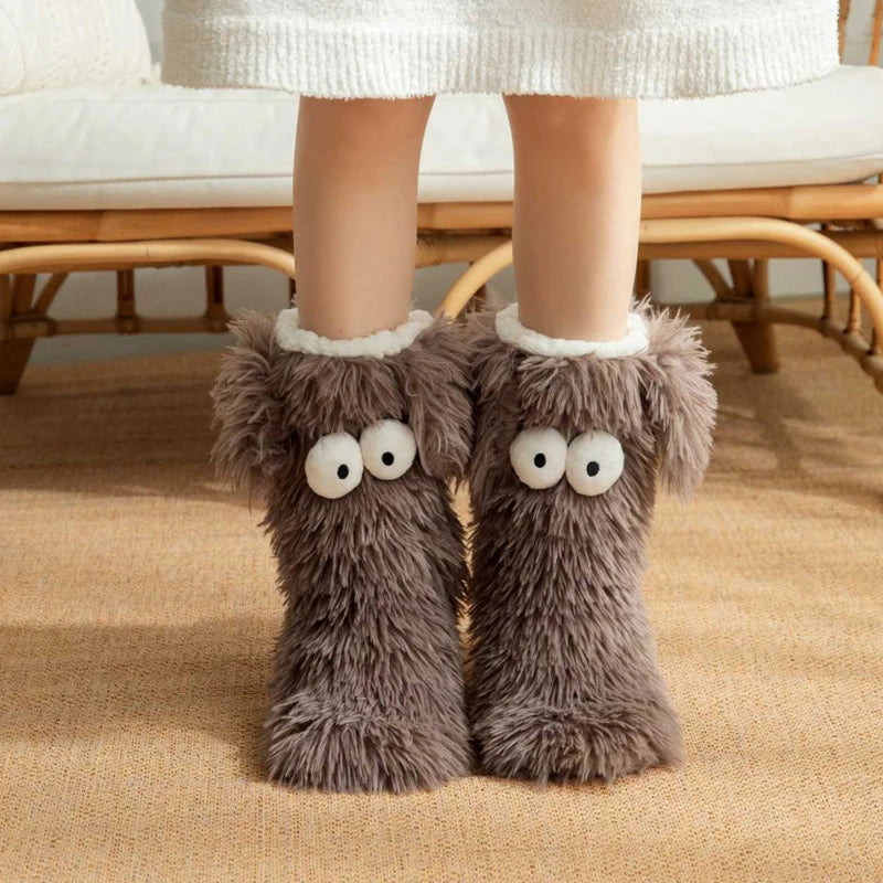 Soft Big Eyes Slipper Socks with Puppy Ears Mid-Calf Cartoon Non-slip Floor Socks Thickened Warm Coral Fleece Socks Winter
