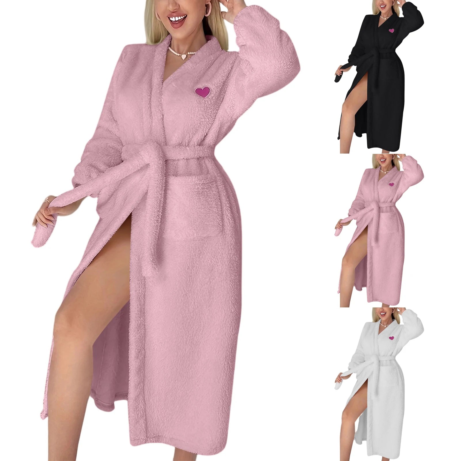 Women's Solid Color Waist Tied Robe Long Sleeve Winter Warm Bathrobe Home Wear Plush Soft Pajamas Home Nightgown