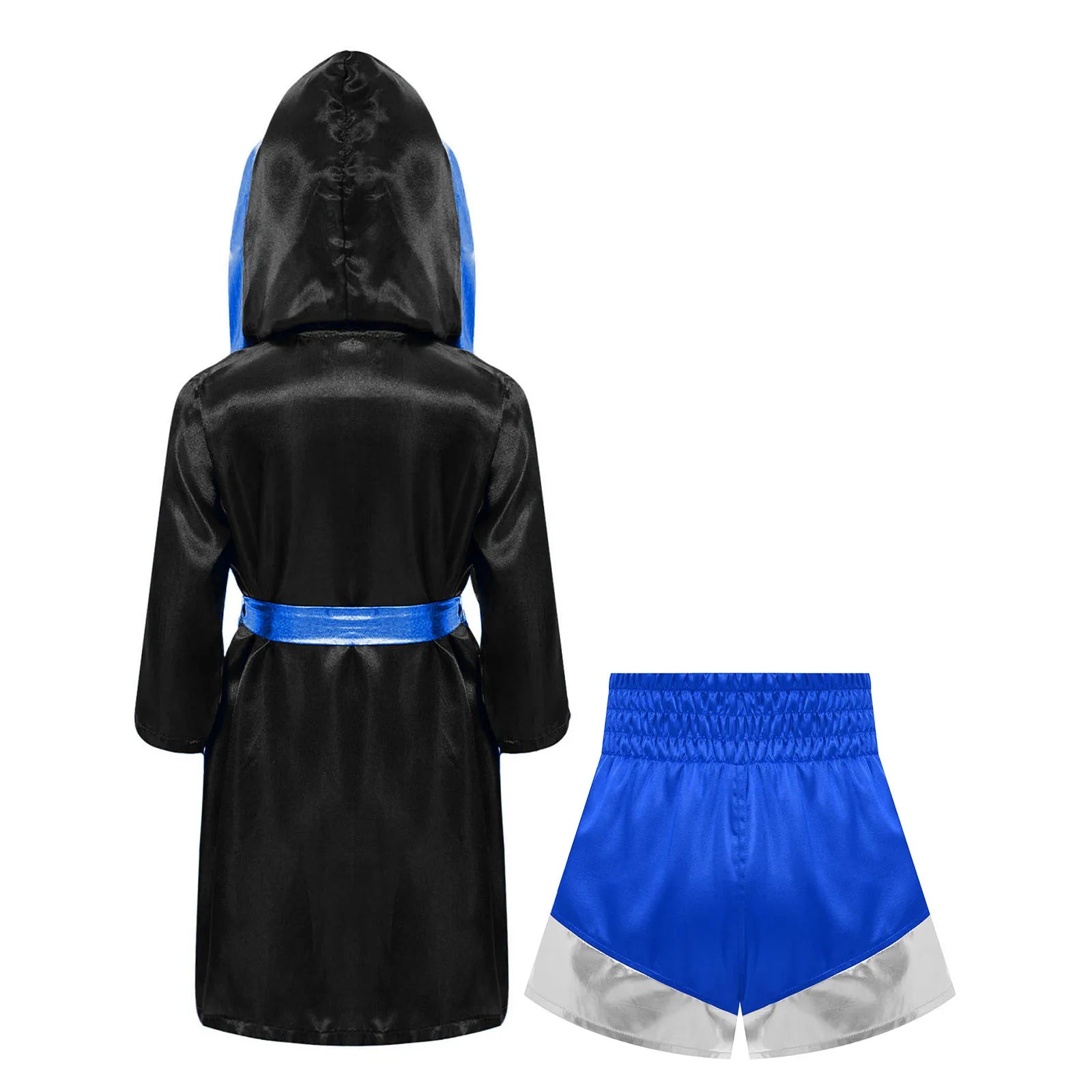 Kids Boxing Robe Outfits Cosplay Costume Metallic Trim Satin Belted Robe Kickboxing Hooded Cloak with Shorts for Halloween Party