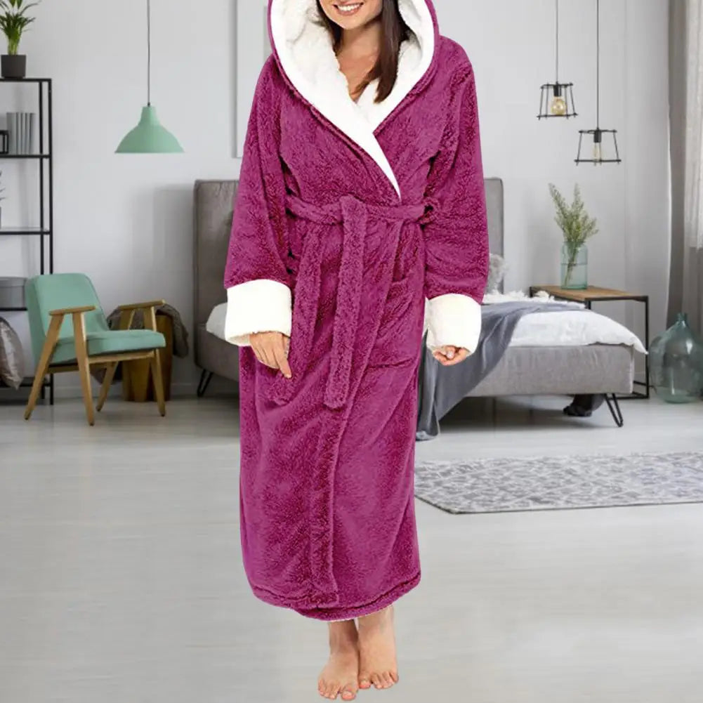Women Bathrobe Plush Thicken Hooded Nightgown Autumn And Winter Warm And Comfortable Long-sleeved Robe Homewear Home Bath Robe