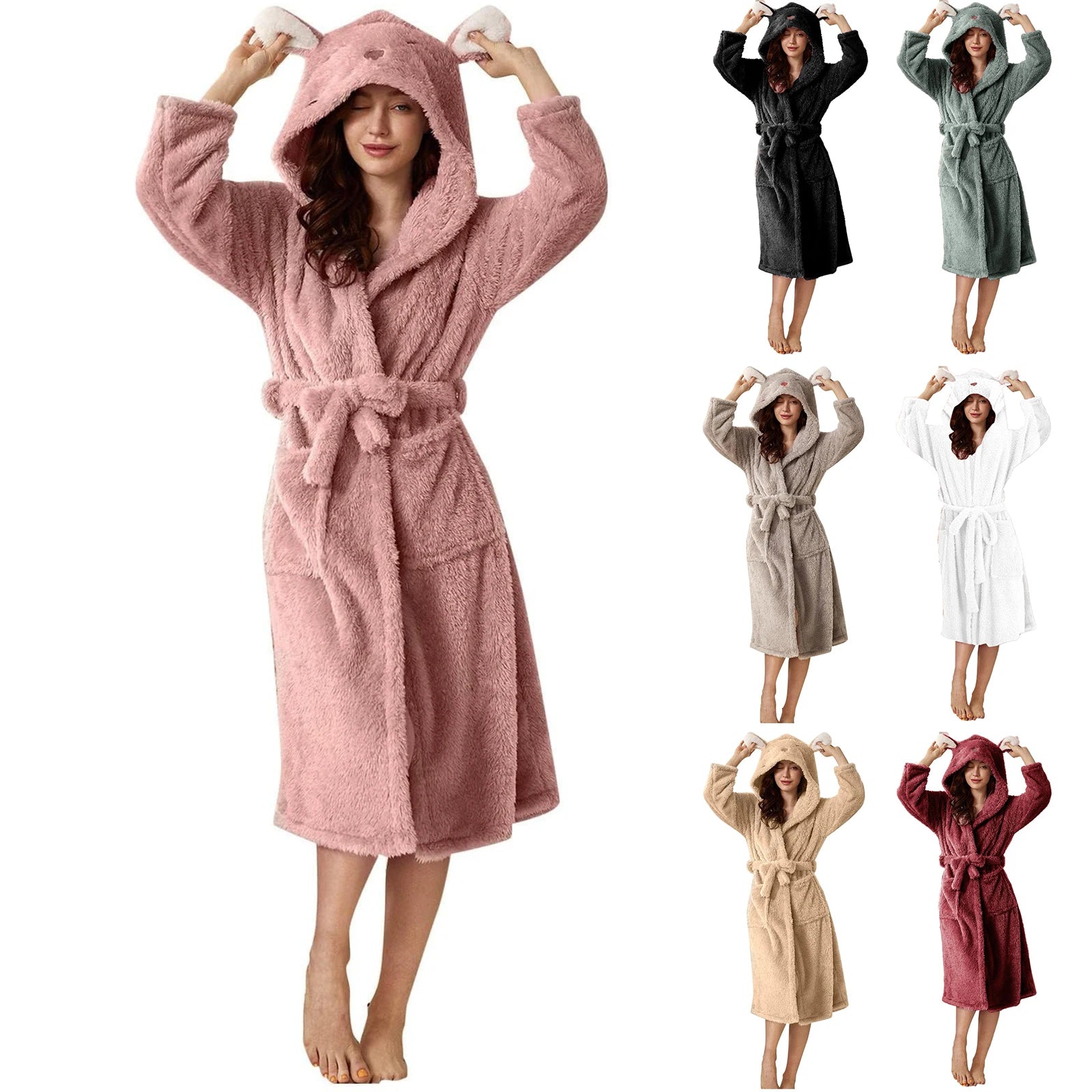 Women Winter Plush Night Robe Minimalist Solid Color With Rabbit Shaped Hooded Bring You Cozy Comfortable Thermal Experience