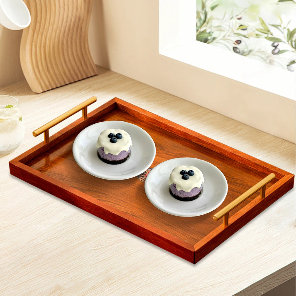 Wooden Serving Tray Set of 3 with Metal Handles - Multi-functional Breakfast, Party & Storage Platters (Brown)
