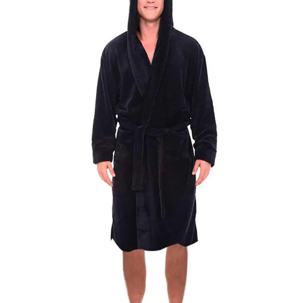 Oversize Men Bathrobe Long Sleeve Fleece Nightgown Winter Warm Hooded Long Robe Pajamas Fleece Gown Plush Bath Robe Sleepwear