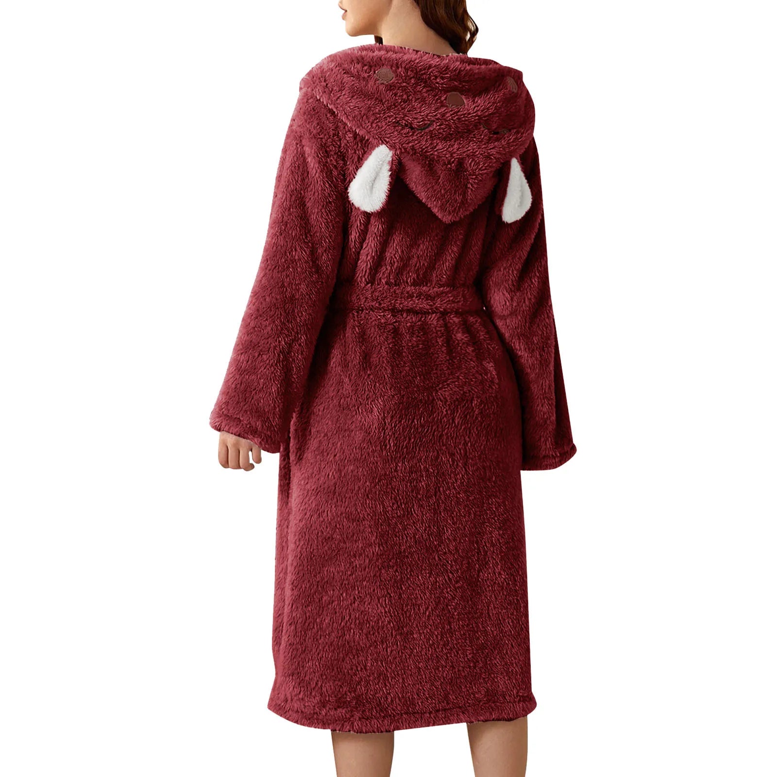 Women Winter Plush Night Robe Minimalist Solid Color With Rabbit Shaped Hooded Bring You Cozy Comfortable Thermal Experience