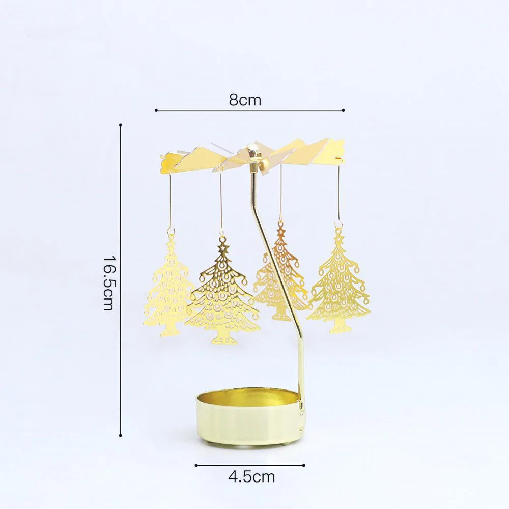 Rotating Candle Holder Metal Gold Christmas Present No Battery Heat Powered Spinning Carousel for Home Desk Counter Sweet Decor