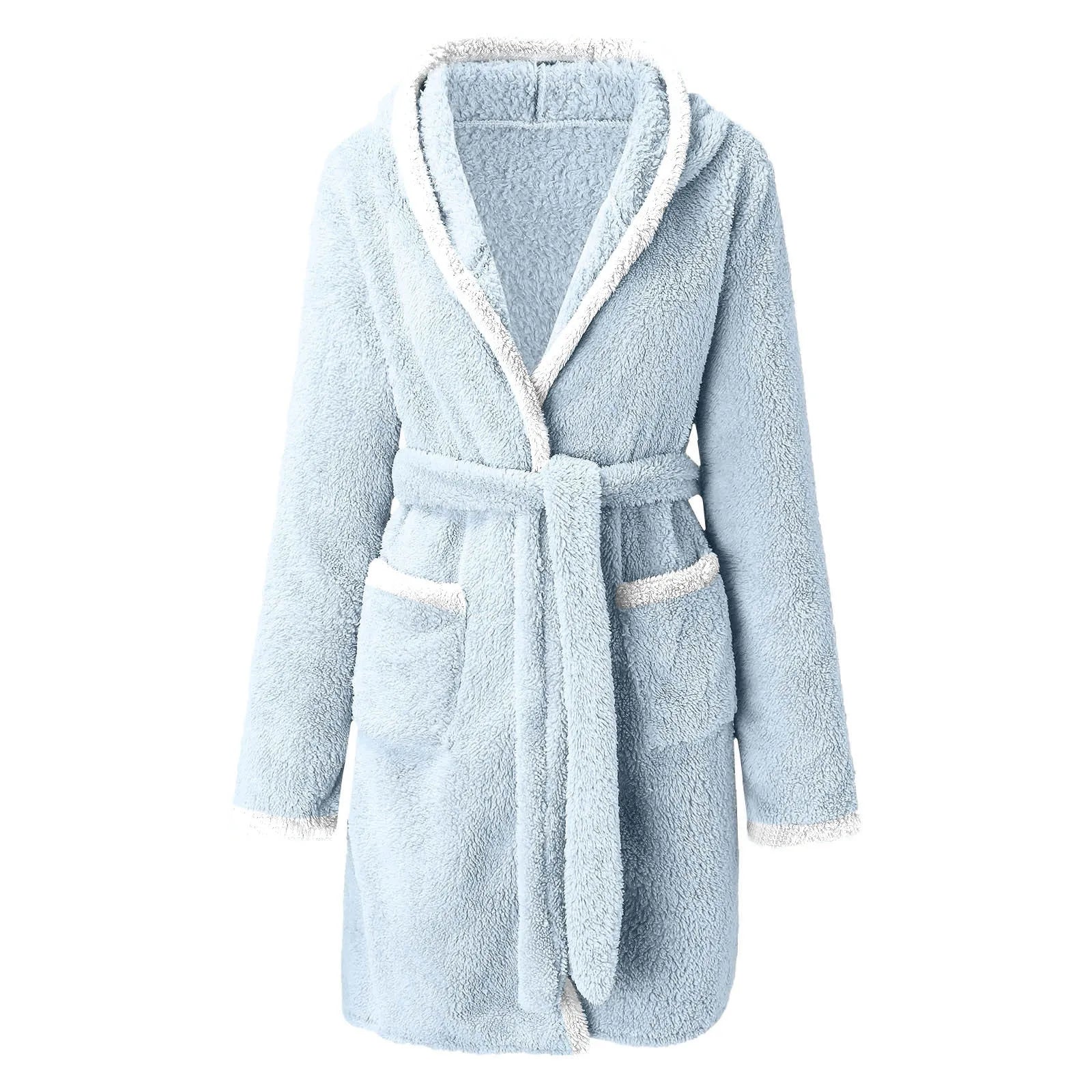 Women's Winter Casual Plush Robe Solid Color Matching Double Pocket Strappy Nightgown Fuzzy Bathrobe Coats Home Clothed Ladies