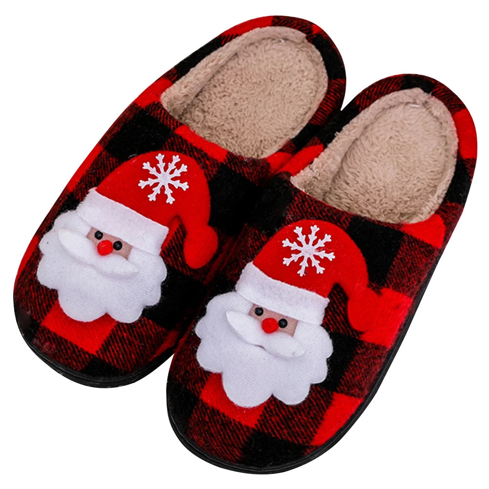 Christmas Furry Slippers Flat Santa Claus Plush Closed Toe Slippers Anti Slip Plush Slip-on House Shoes Plaid Household Supplies