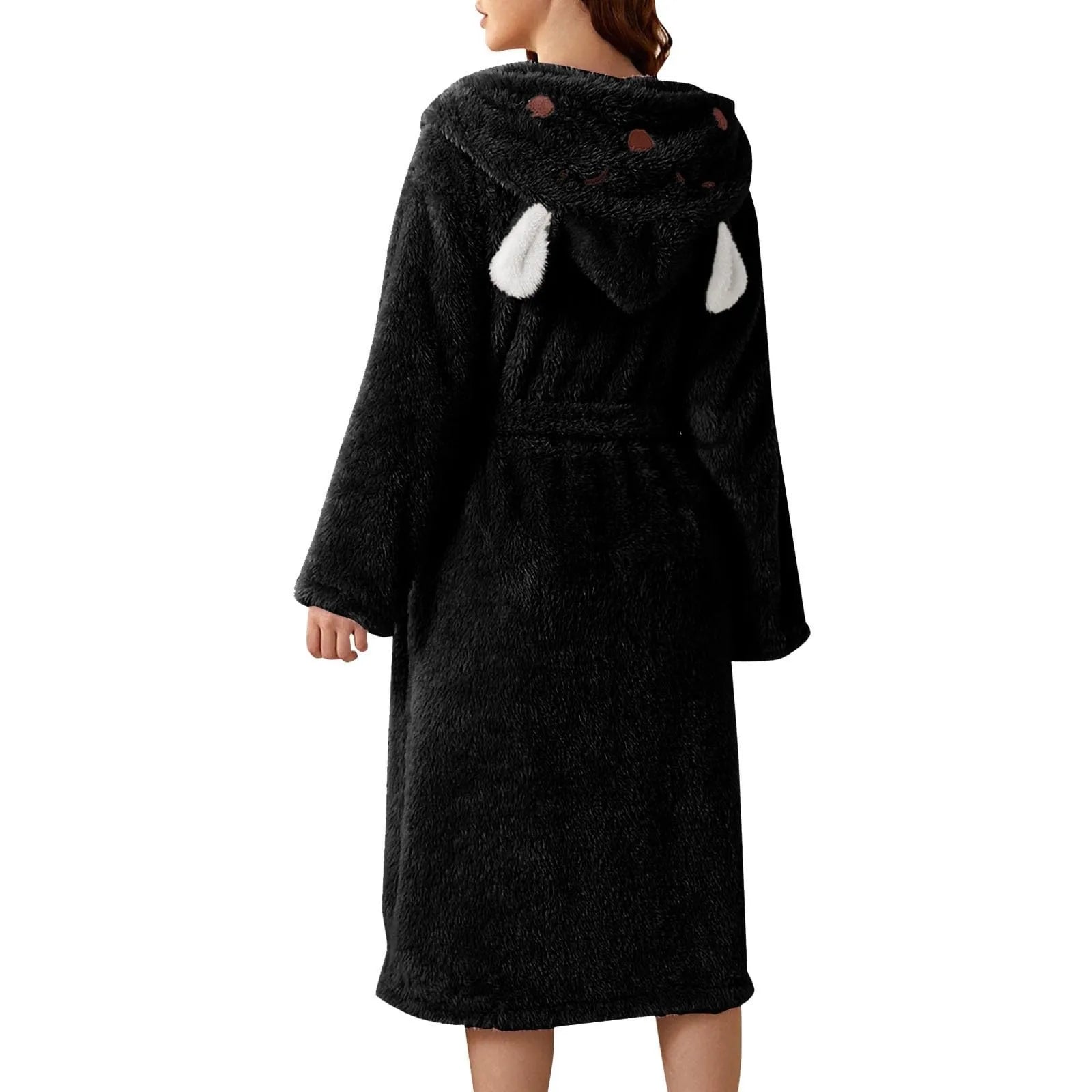 Women Winter Plush Night Robe Minimalist Solid Color With Rabbit Shaped Hooded Bring You Cozy Comfortable Thermal Experience