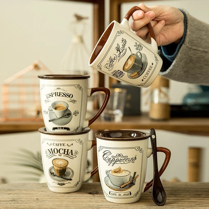 European Light Luxury Ceramic Coffee Cups High Value Vintage Large Capacity Latte Mug With Lid Spoon Home Water Cups Drinkware