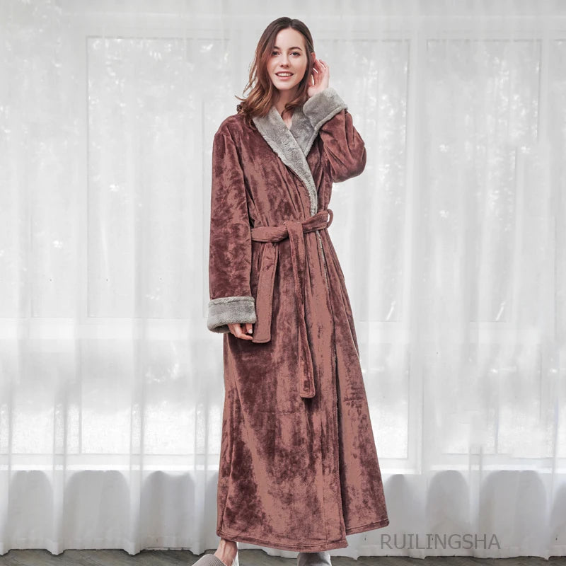 Night Dress Women Bathrobe Flannel Robe Women's Winter Lengthened Coralline Plush Shawl Bathrobe Long Sleeved Warm Bath Robe Men