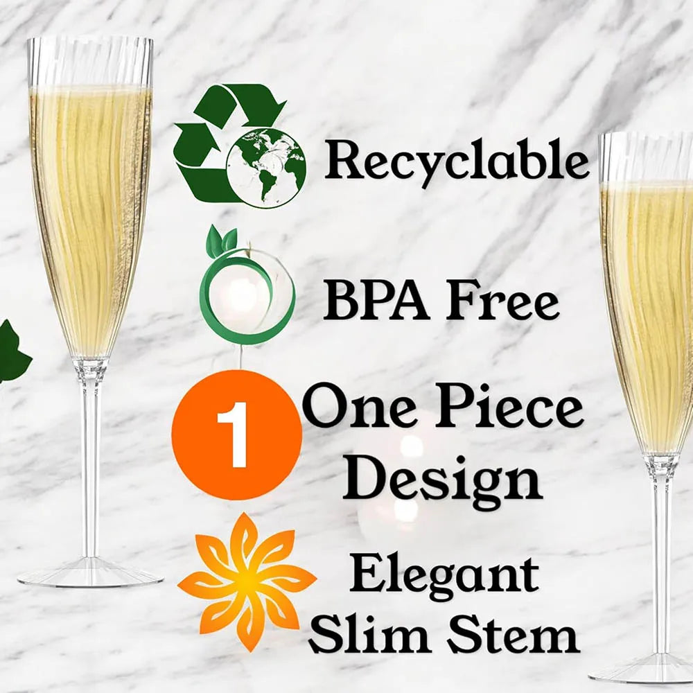6Oz Clear Hard Disposable Plastic Champagne Glasses /Flute Ideal for Home Daily Life Party Wedding Toasting Drinking Reusable