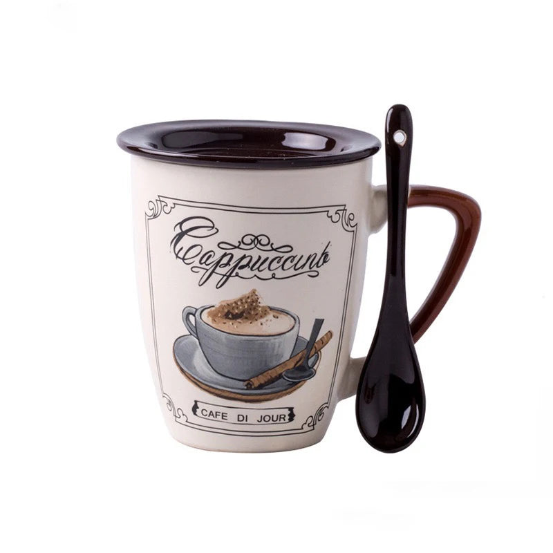 European Light Luxury Ceramic Coffee Cups High Value Vintage Large Capacity Latte Mug With Lid Spoon Home Water Cups Drinkware