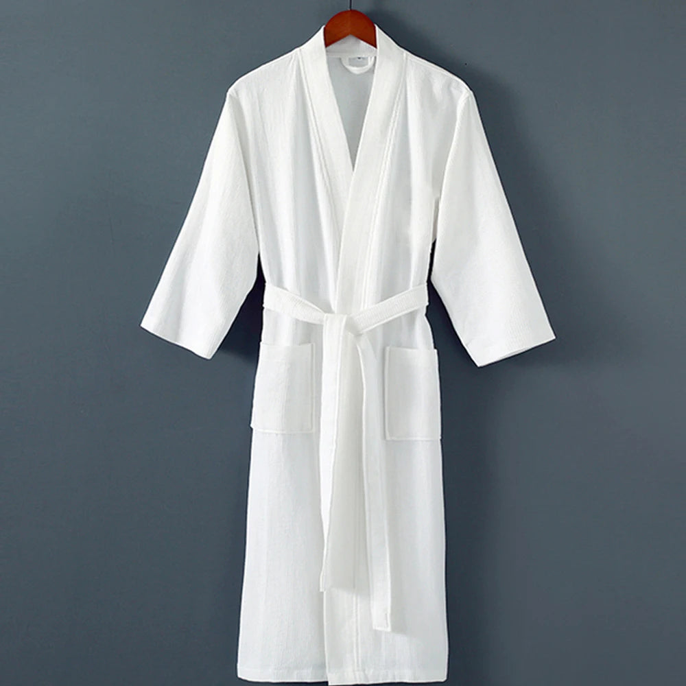 Women Towel Bathrobe 100%Cotton Long Thick Absorbent Terry Bath Robe Kimono Men LightWeight Waffle Solid Dressing Gown Sleepwear