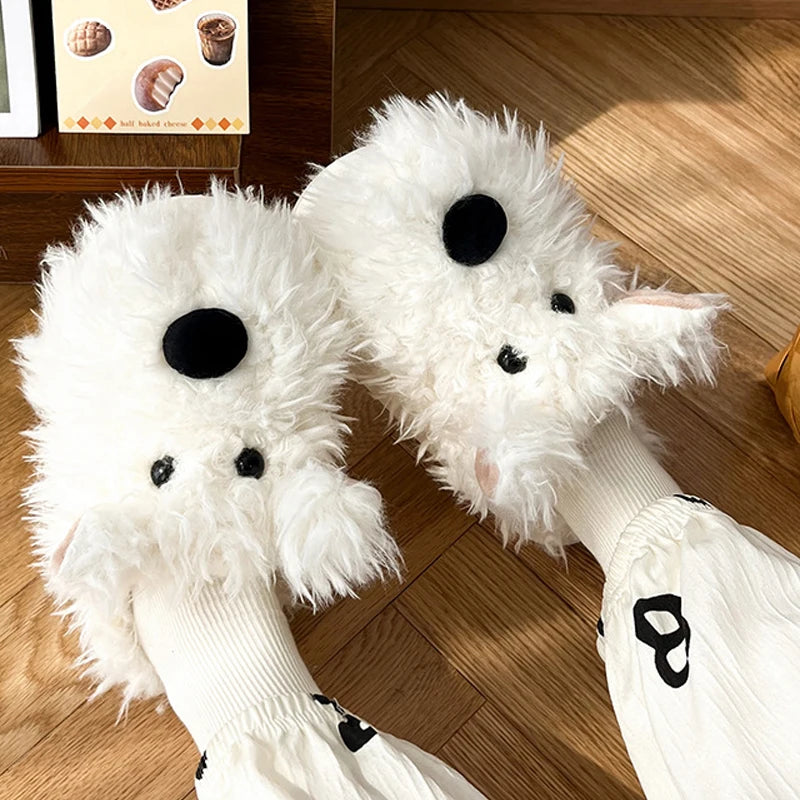 Dog Puppy Slipper Women Home Thermal Fuzzy Cute Winter Warm Fur Plush Indoor Lazy Female Furry House Shoe Flat Flip Flop Slide