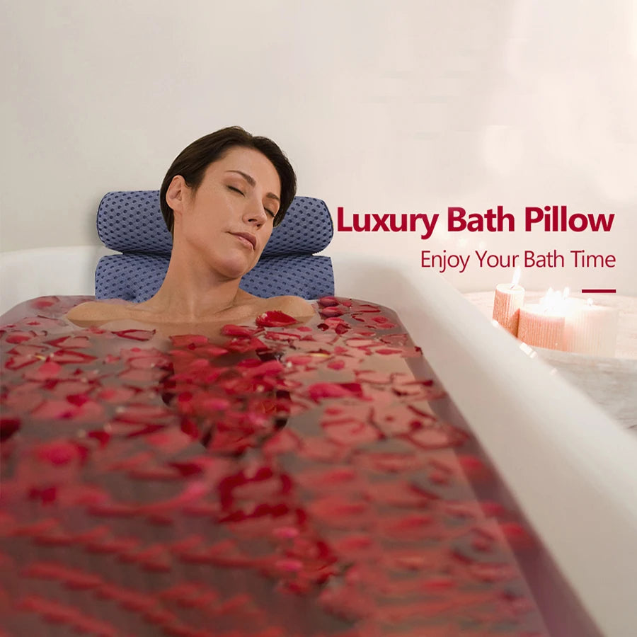 Bath pillow with 4D breathable mesh and 7 suction cups to help support the head, back, shoulders and neck, suitable for all bath