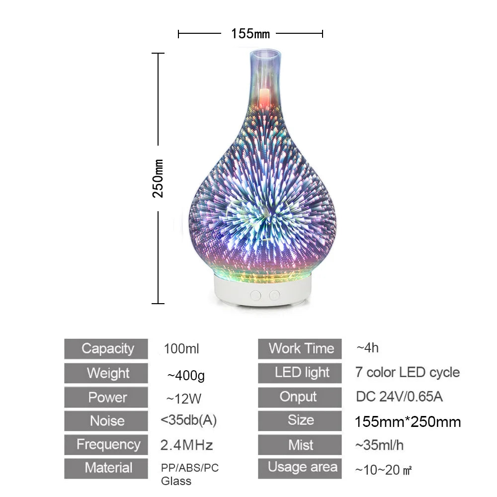 Ultrasonic Aroma Diffuser 120ml, New Air Freshener & Humidifier, Auto-Off for Home Office Spa, 3D Glass, Essential Oil Diffuser