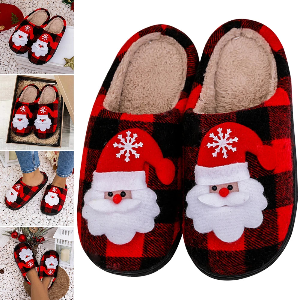 Christmas Furry Slippers Flat Santa Claus Plush Closed Toe Slippers Anti Slip Plush Slip-on House Shoes Plaid Household Supplies