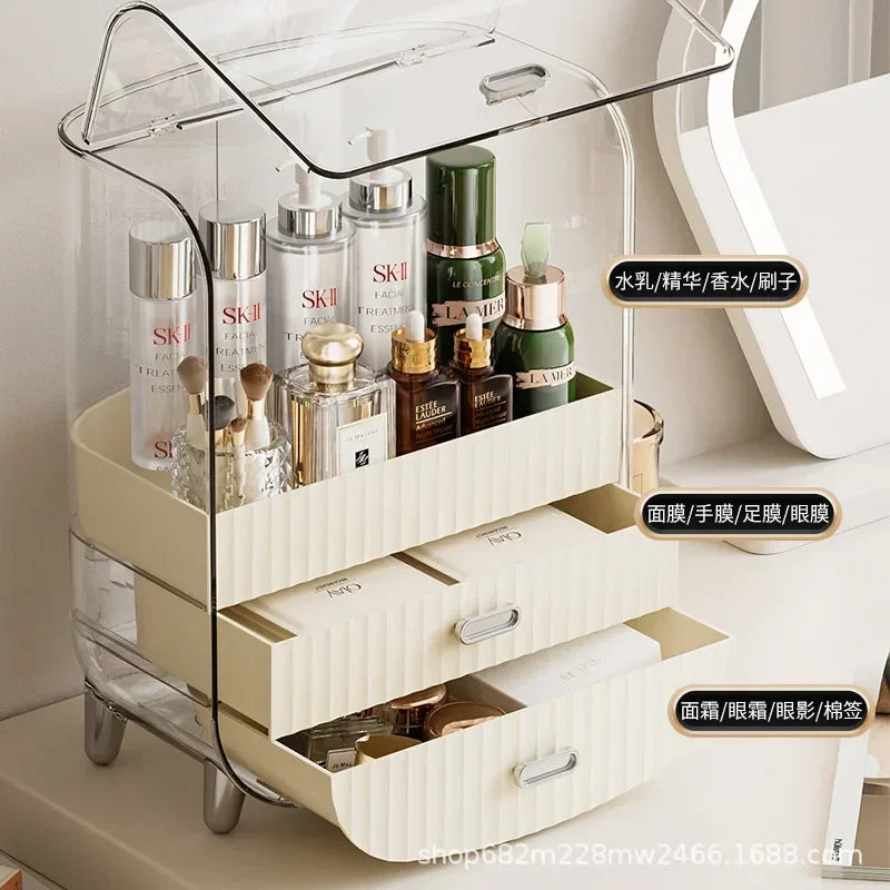 Cosmetics Storage Box, Dust-proof Flip Cover Bathroom Skincare Product Storage and Organizing Lipstick Drawer Style Shelf