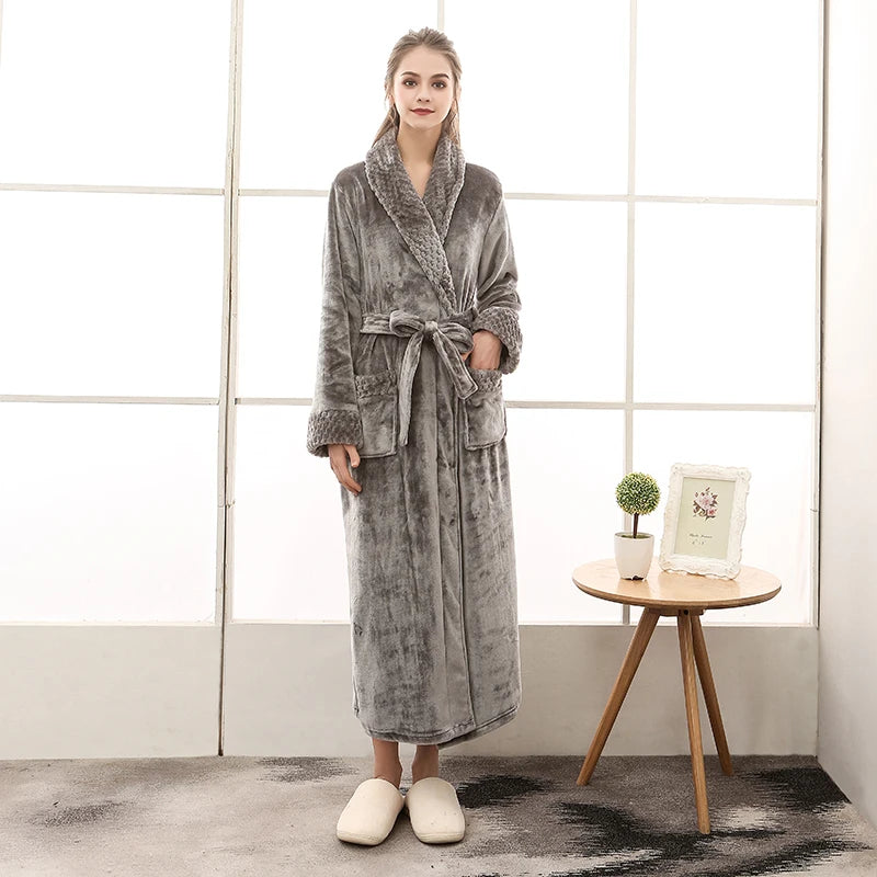 Night Dress Women Bathrobe Flannel Robe Women's Winter Lengthened Coralline Plush Shawl Bathrobe Long Sleeved Warm Bath Robe Men