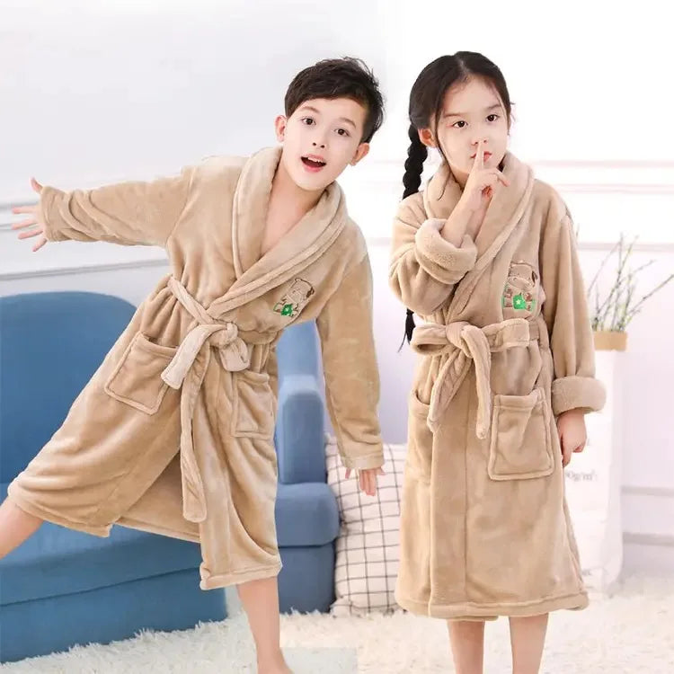 Winter Thicken Bathrobes for Kids Girls Flannel Warm Nightgown Teens Boys Bathing Robe Solid Color Night Robe Baby Dressing Gown