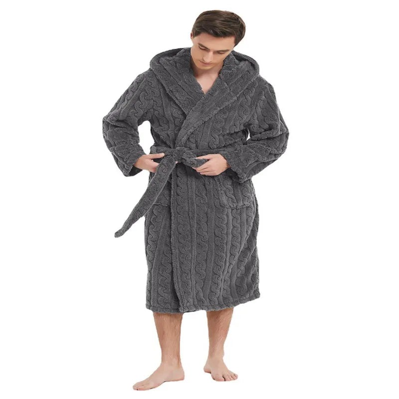 The New Fall and Winter Men's Warm Robe Pajamas Couple Robe Shu Cotton Velvet Jacquard Hooded Thickened Couple Robe Homewear