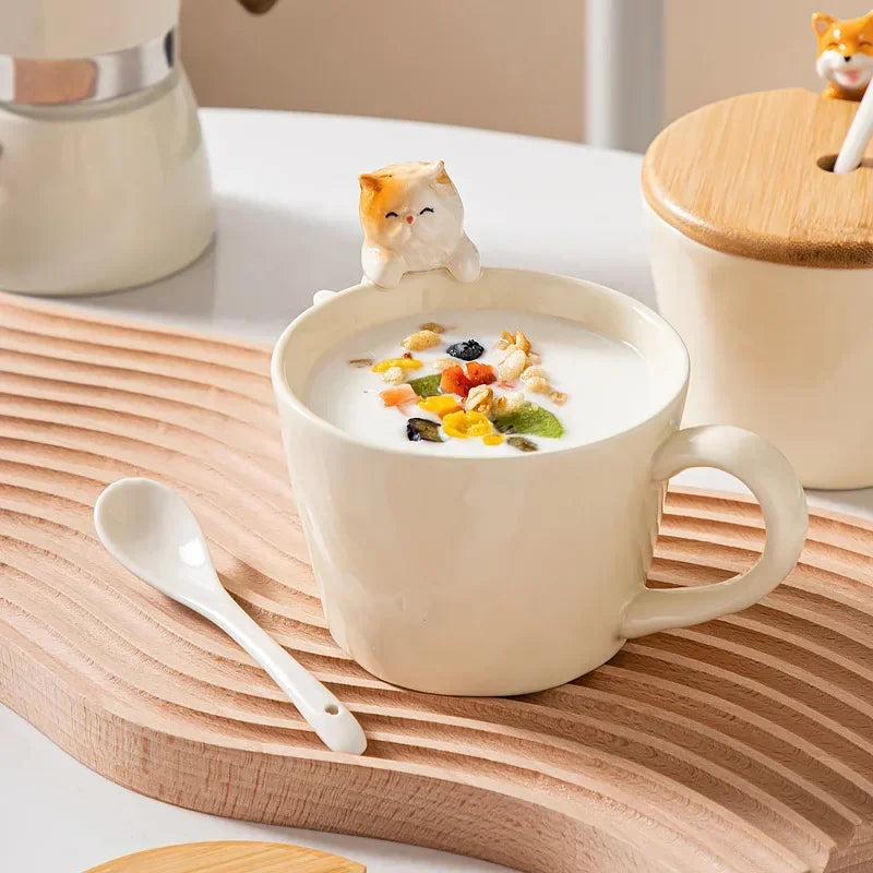 European Cartoon Tea Dog Cat Ceramic Mug Birthday Gift Porcelain Dessert Milk Cup Cute Kids Water Cup Couple Mug Home Decoration