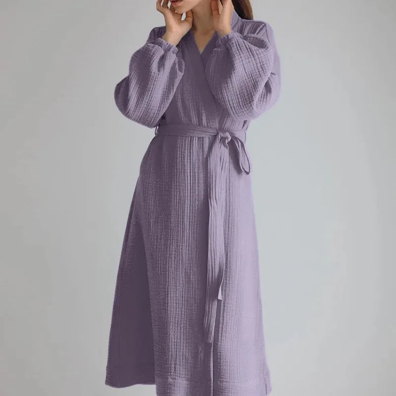 Women's Muslin 100% Cotton Gauze Long Bathrobes Pajamas Long Sleeve Casual Loose Breathable Solid Bandage Maxi Sleepwear Robes