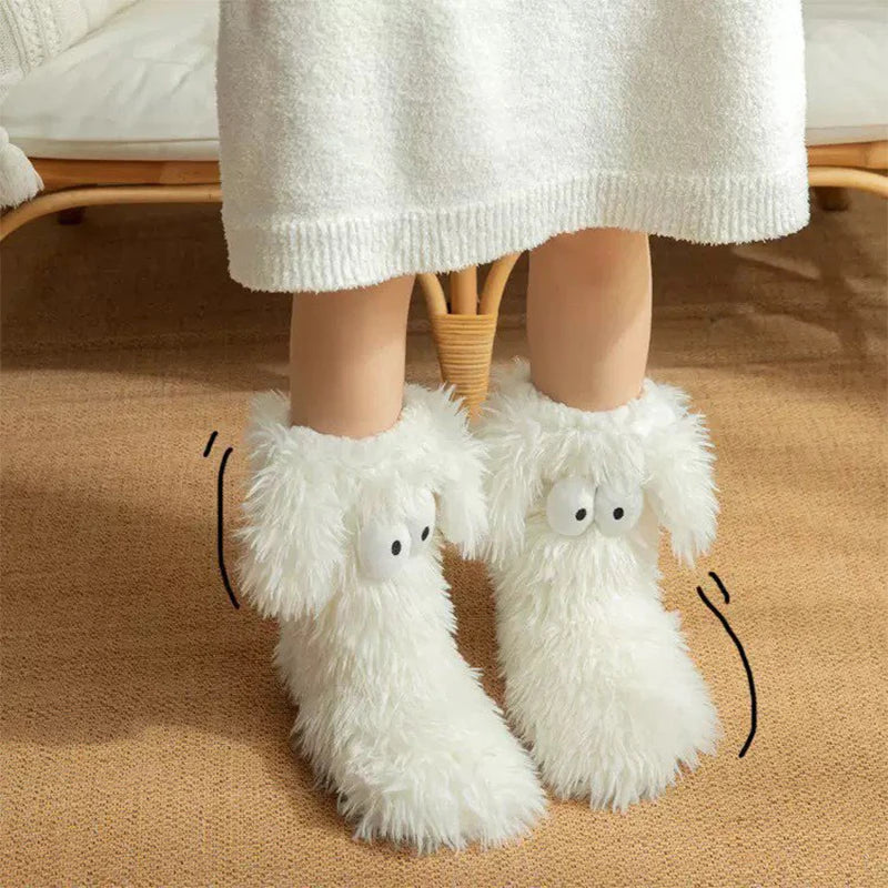 Soft Big Eyes Slipper Socks with Puppy Ears Mid-Calf Cartoon Non-slip Floor Socks Thickened Warm Coral Fleece Socks Winter