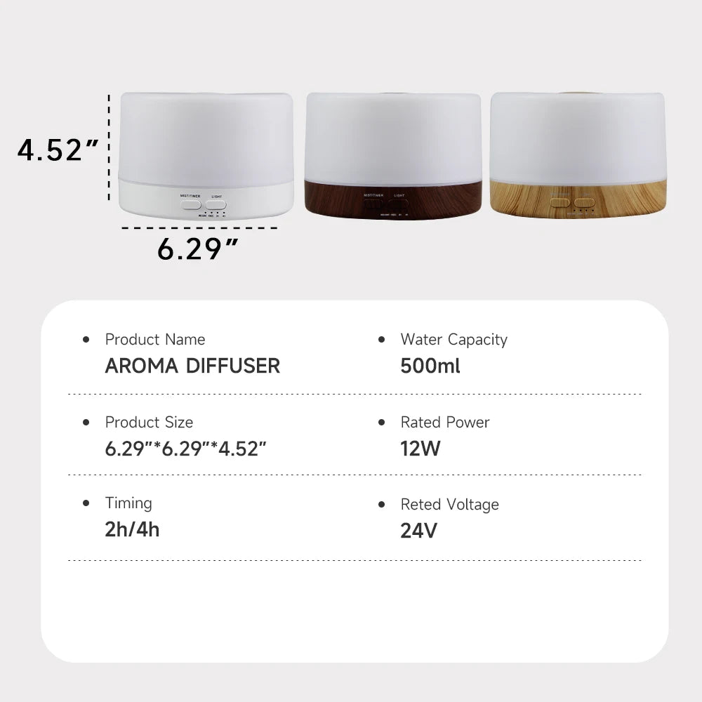 500ml Essential Oil Diffuser Quiet Aroma Mist Diffusers Scent Diffuser Wood Grain Remote Control Ultrasonic Air Humidifier