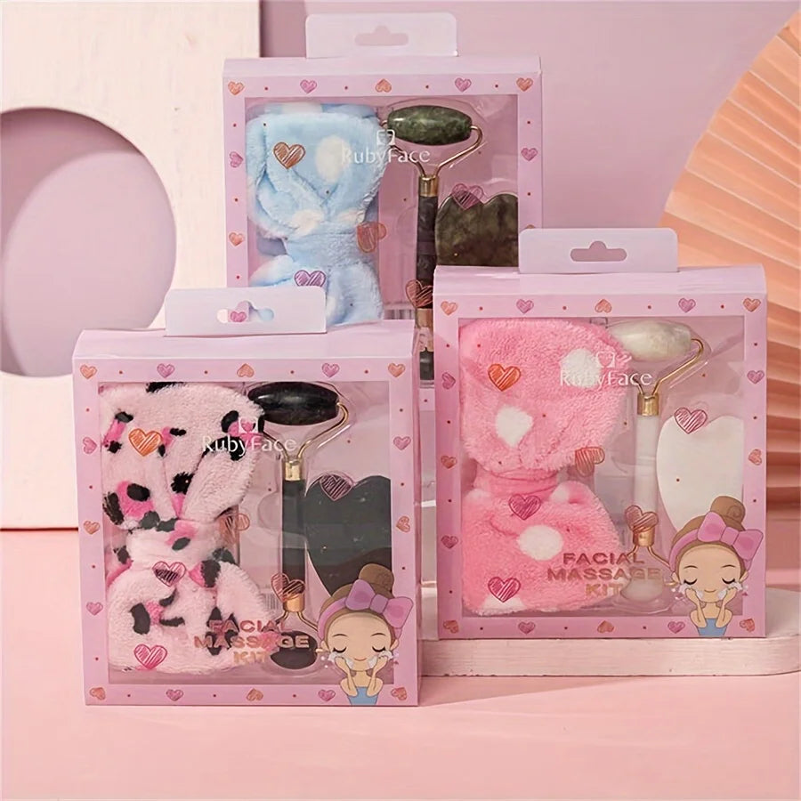 3 Pieces Beauty Tools Set with Gift Box Jade Roller Spa Headband and Gua Sha Board Girls Beauty Gift