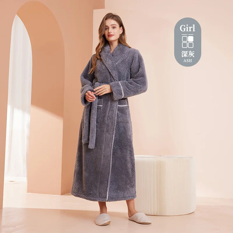 Women's Plush Double-Sided Cotton Fleece Bathrobe Cozy Shawl Collar Robe with Belt Soft Loungewear for Winter Stylish Plush Robe