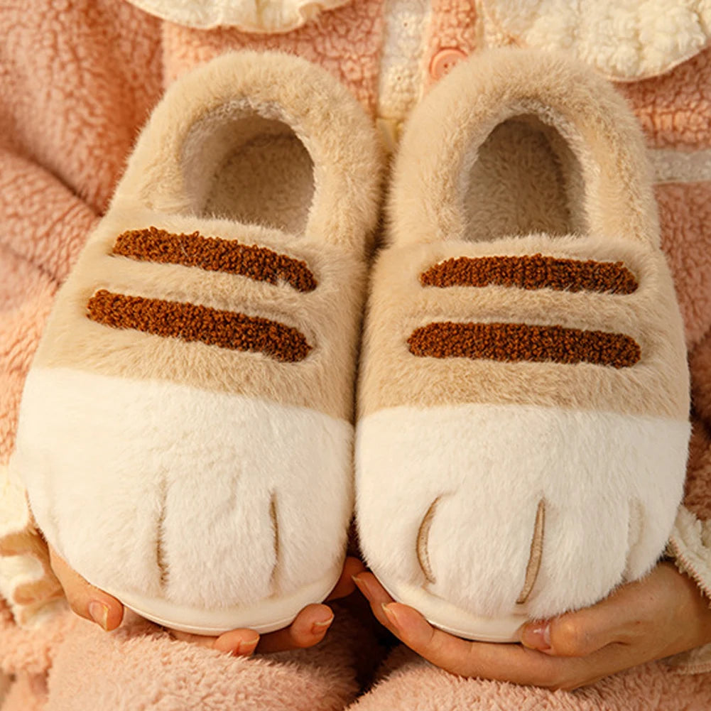 Warm Slip-on House Shoes 3D Cat Paw Plush Slippers Furry Paw Couple Slippers Anti Slip Flat Thermal Slippers for Indoor Bedroom
