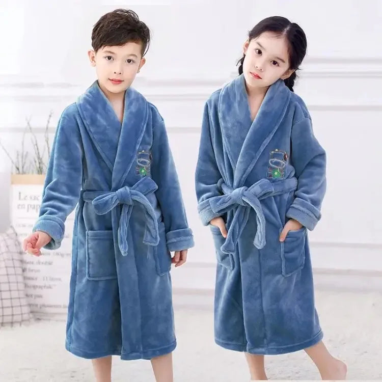 Winter Thicken Bathrobes for Kids Girls Flannel Warm Nightgown Teens Boys Bathing Robe Solid Color Night Robe Baby Dressing Gown