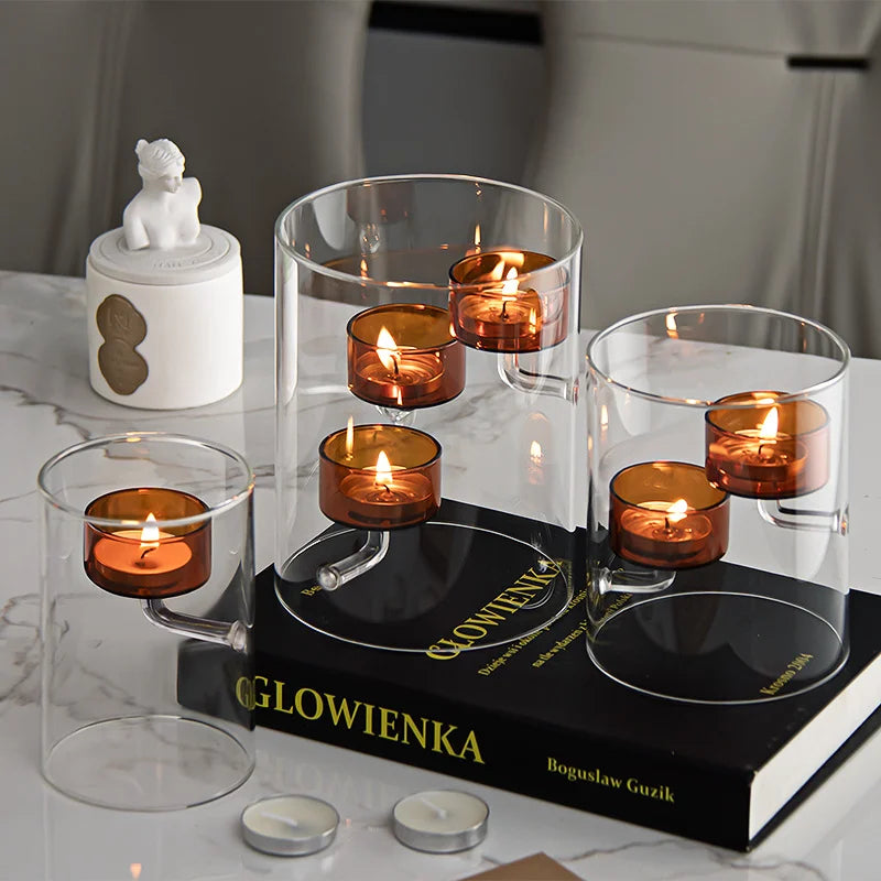 Glass Candle Holder Cylinder Hurricane Candleholder Artistic Tealight Containers for Wedding Party Desktop Room Home Decorations